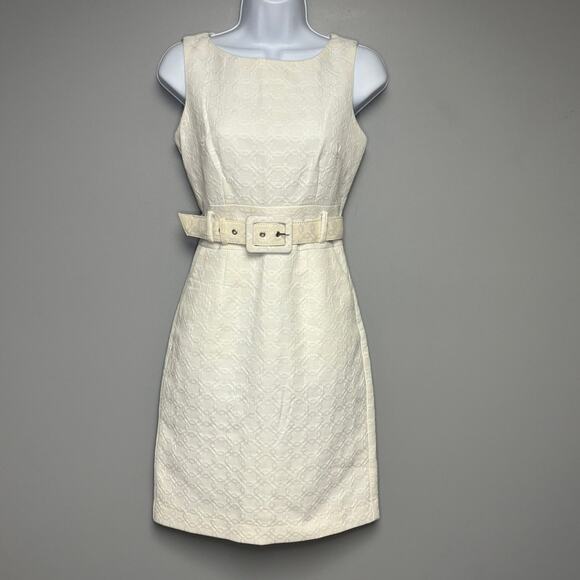 Banana Republic Retro LWD Belted Lined Embossed White Bridal Sheath Dress Sz 0 - Picture 1 of 5